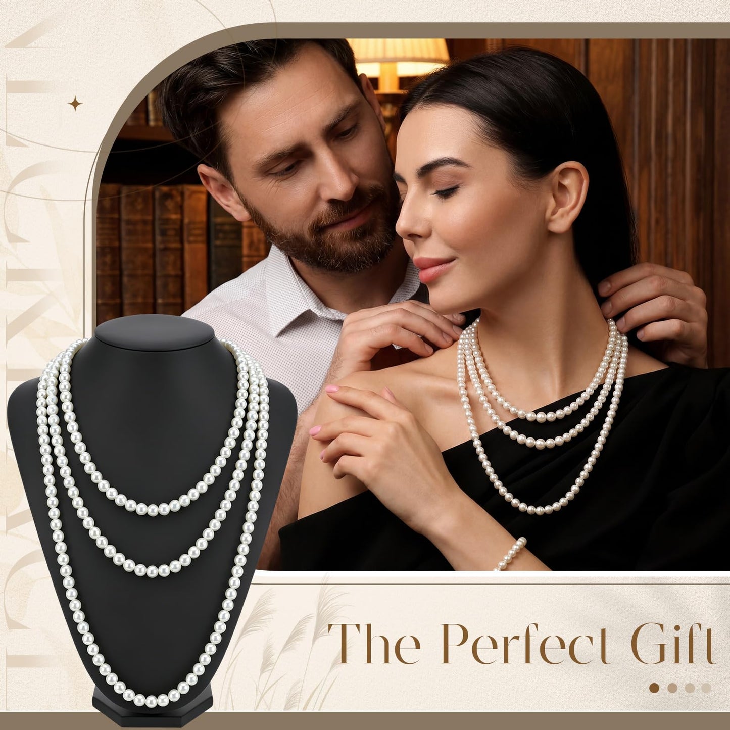 Aurelema 2 Pack Long Pearl Necklace for Women 1920s Costume Party Jewelry Faux Pearls Strand Beads for Ladies(70 Inches,8 mm,Glass,Cream White)