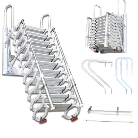 Wall-Mounted Folding Stairs for Attic, Outdoor Attic Ladder Pull Down System, Retractable Loft Ladder with Armrests Handle, 12 Pedal Steps Extension Staircase Up to 600lbs (White, 12 Steps)