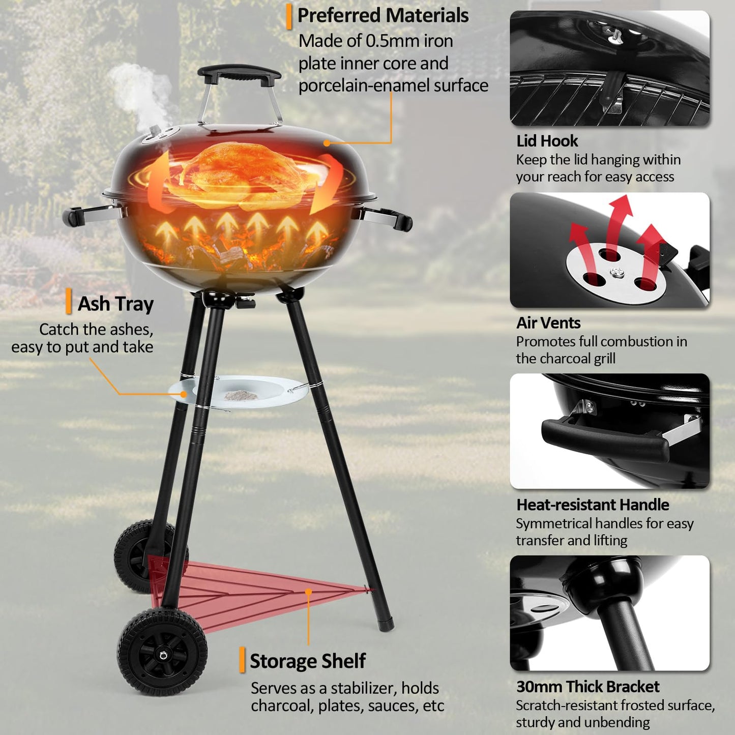 18 inch Kettle Charcoal Grills, Leonyo Portable BBQ Charcoal Grill for Outdoor with Cover & Chimney Starter, Griddle Accessories for Camping, Patio, Backyard Cooking - 254 Sq.in