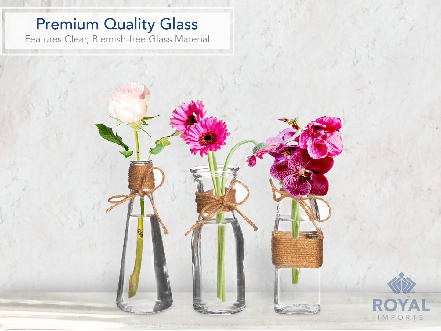 Royal Imports Clear Glass Bottle Bud Vase, Small Single Stem Flower Centerpiece, Mini Decorative Floral Jars, Rustic Farmhouse Home Decor, Kitchen, Fireplace, Shelf, Narrow One Rose Holder, Set of 3