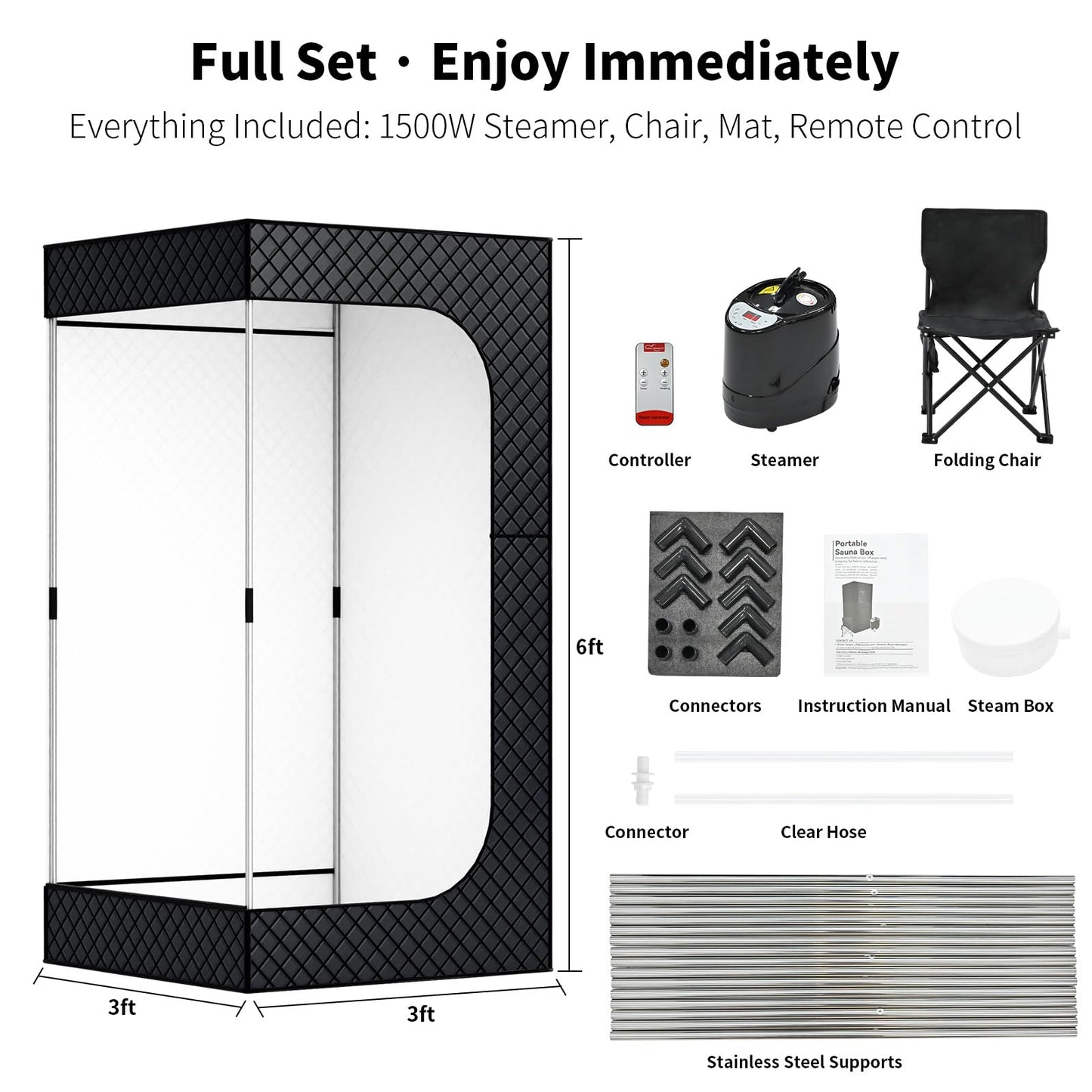 Sauna Box - Portable Sauna for Home with Upgraded 3L 1500W Steamer, Folding Chair and Non-Slip Mat for Relaxation Spa, 5-Layer Waterproof & Insulated Steam Saunas Tent, 3 * 3 * 6ft, Larger (Black)