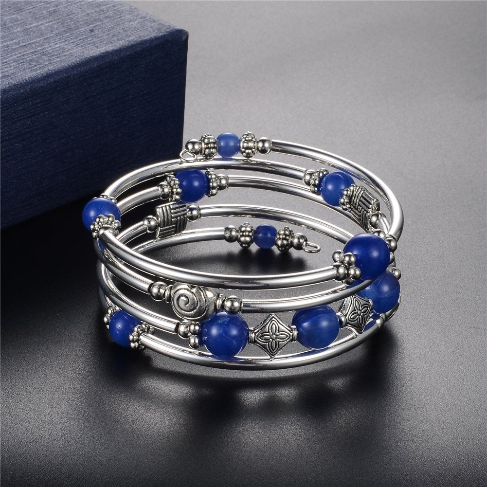 Beaded Pearl Bangle Wrap Bracelet - Fashion Bohemian Jewelry Multilayer Charm Bracelet with Thick Silver Metal Beads, Gift For Women(Blue)