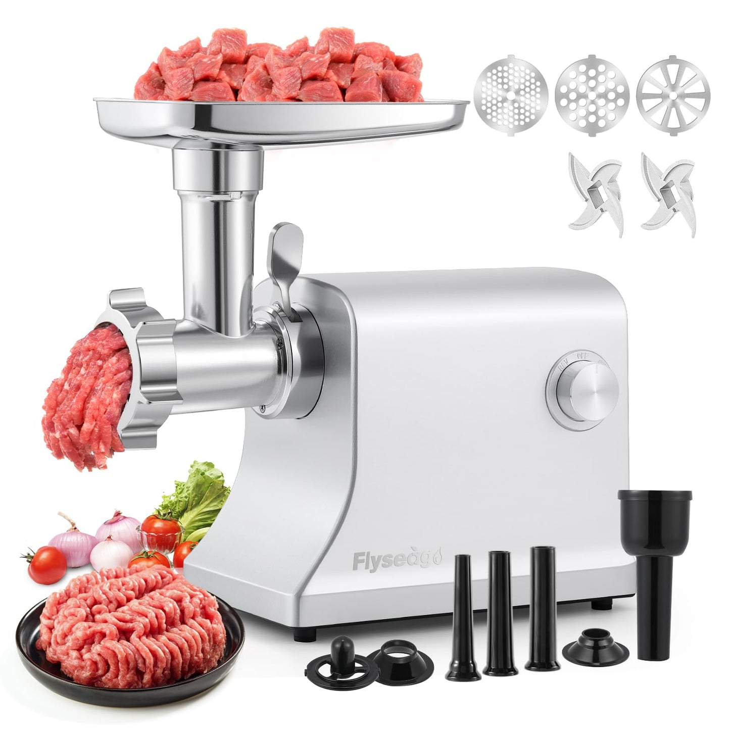 Flyseago Electric Meat Grinder 3200w Commercial Heavy Duty Metal Gearbox Meat Grinder and Sausage Stuffers, Kubbe Kit for Household Use & Commercial