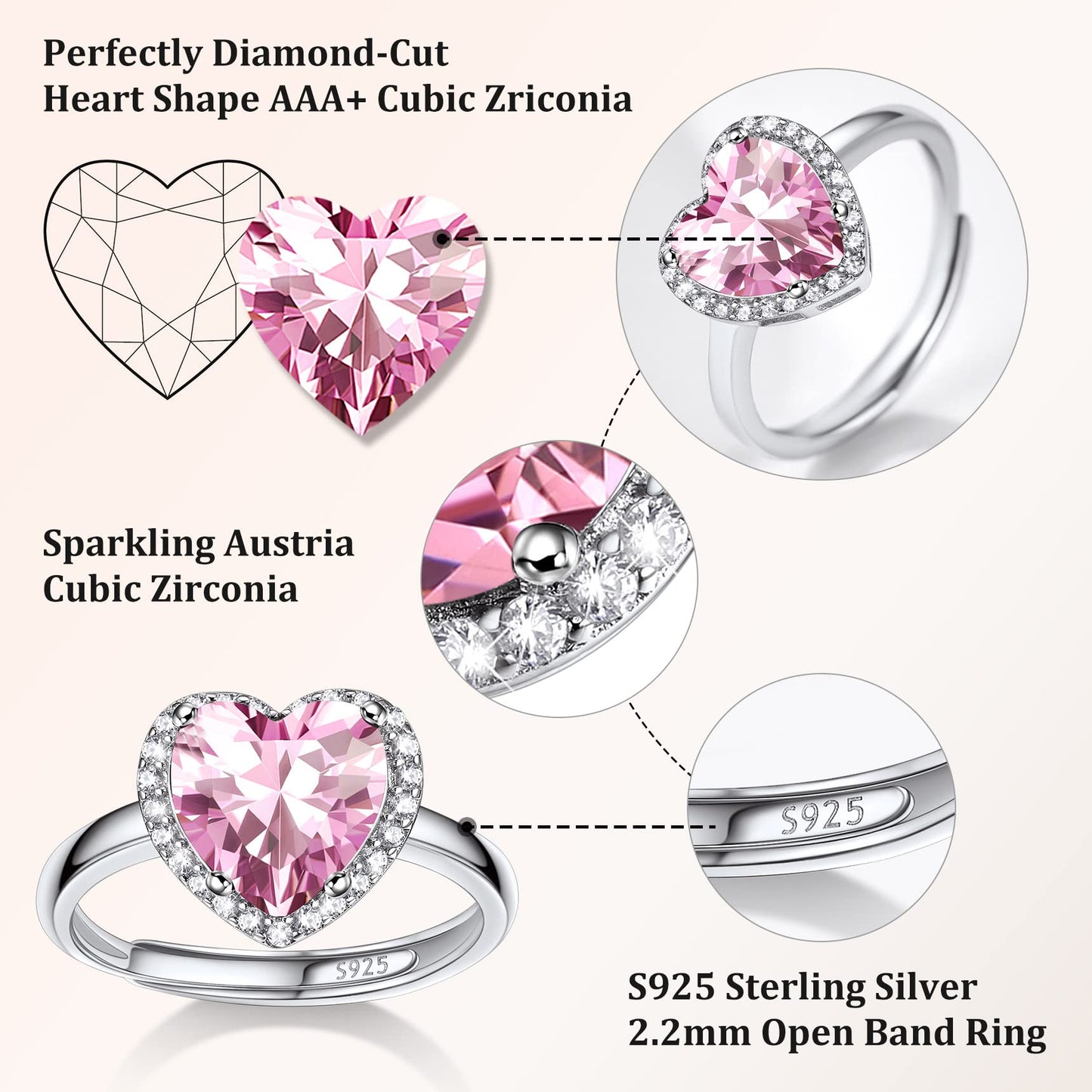 Bestyle Infinity Love Heart October Pink Tourmaline Gemstone Rings with Sparkling CUbic Zirconia, Brilliant Love Heart Diamond Halo Rings Statement Jewelry for Women