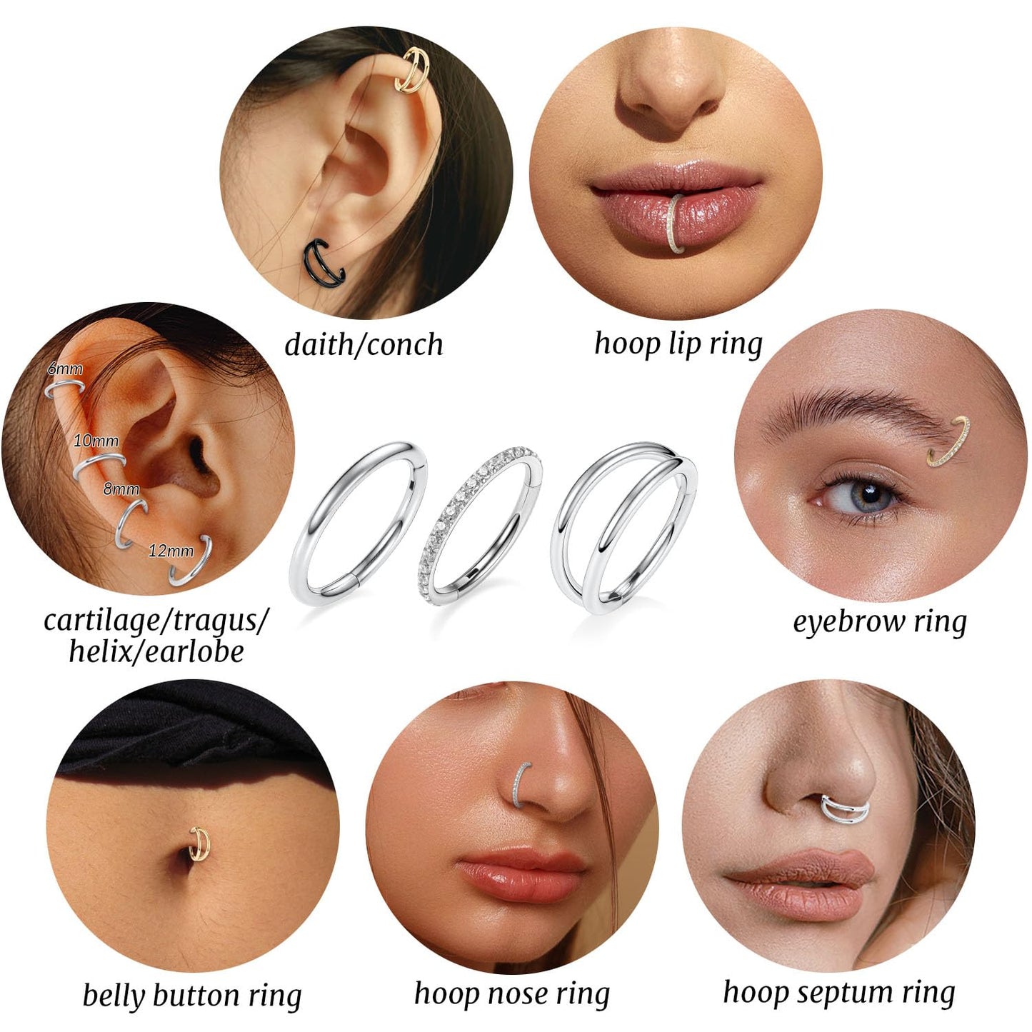 GAGABODY Septum Jewelry Seamless Double Hoop Conch Piercing 20 Gauge Nose Ring 20g Cartilage Earring with CZ Lip Rings 6mm Nose Hoop Surgical Steel Helix Earrings Silver