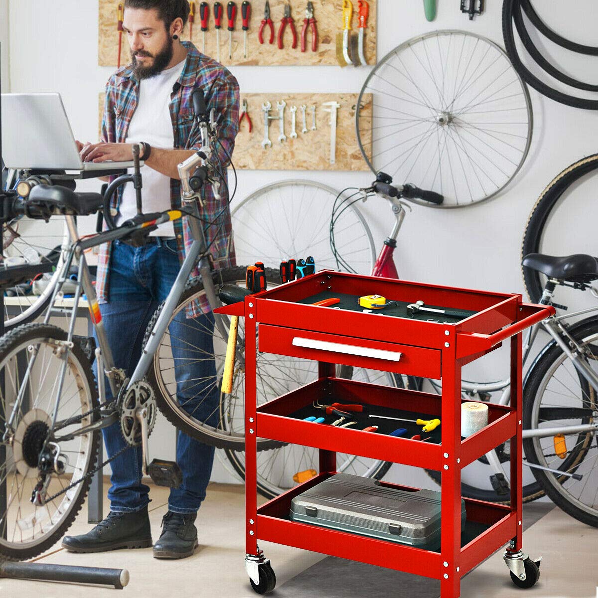 Goplus 3 Tier Rolling Tool Cart, 330 LBS Capacity Heavy Duty Utility Cart Tool Organizer with Storage Drawer, Industrial Commercial Service Tool Cart for Mechanics, Garage, Warehouse & Repair Shop