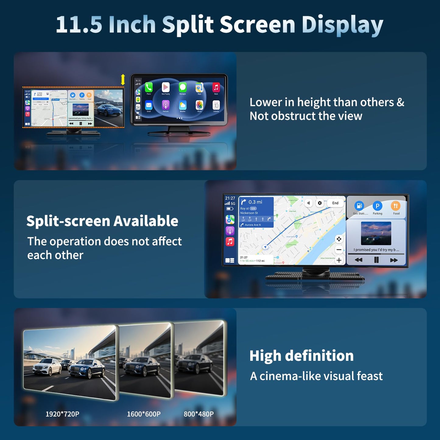 Largest 11.5'' Carplay Screen for Car, Wireless A-pple Carplay & Android Auto Car Stereo Touchscreen with 4K Dash Cam and 1080P Backup Camera,Voice Control/GPS Navigation/Mirror Link/Bluetooth/AUX/FM