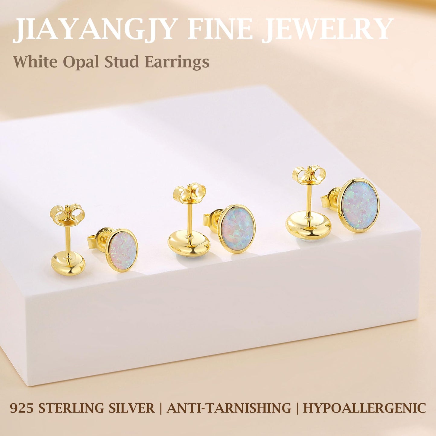 JiayangJY White Fire Opal Stud Earrings for Women 18K Yellow Gold Plated Sterling Silver Oval Shape 5mm Opal Earrings with Push Back