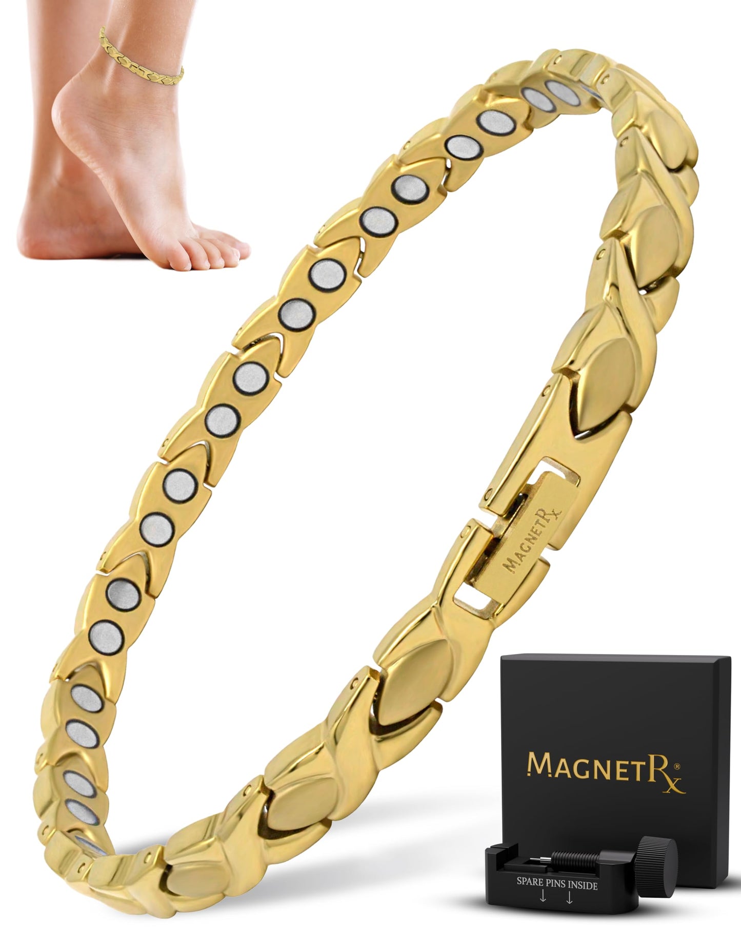 MagnetRX Womens Magnetic Ankle Bracelet – Ultra Strength Magnetic Anklets with 34 Magnets – Titanium Ankle Bracelets for Women (Gold)