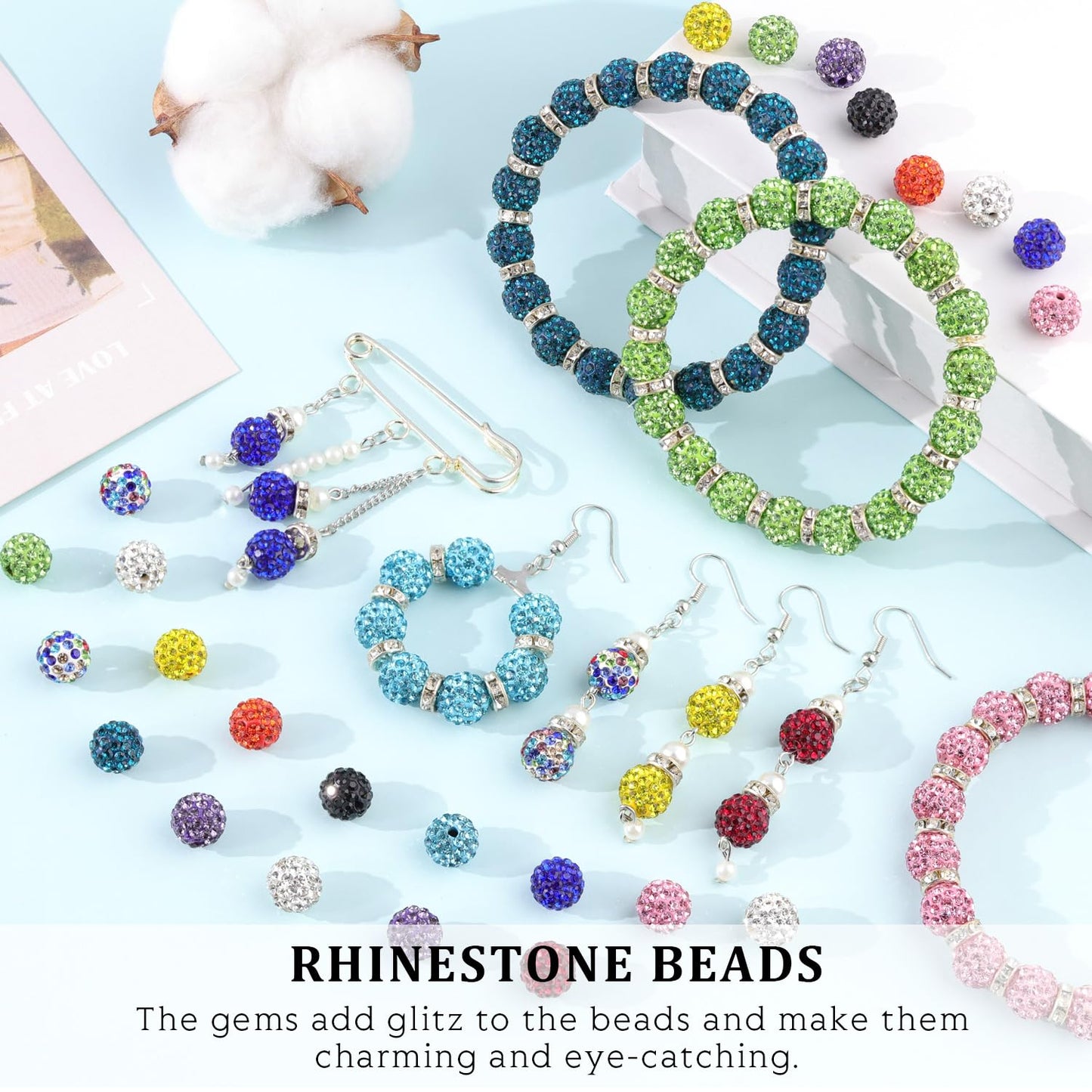 120 pcs 10mm Rhinestone Beads for Jewelry Making, 12 Mixed Colors Shiny Round Shamballa Disco Ball Beads, Sparkle Crystal Clay Christmas for Bracelet Baseball Necklace Earring and DIY