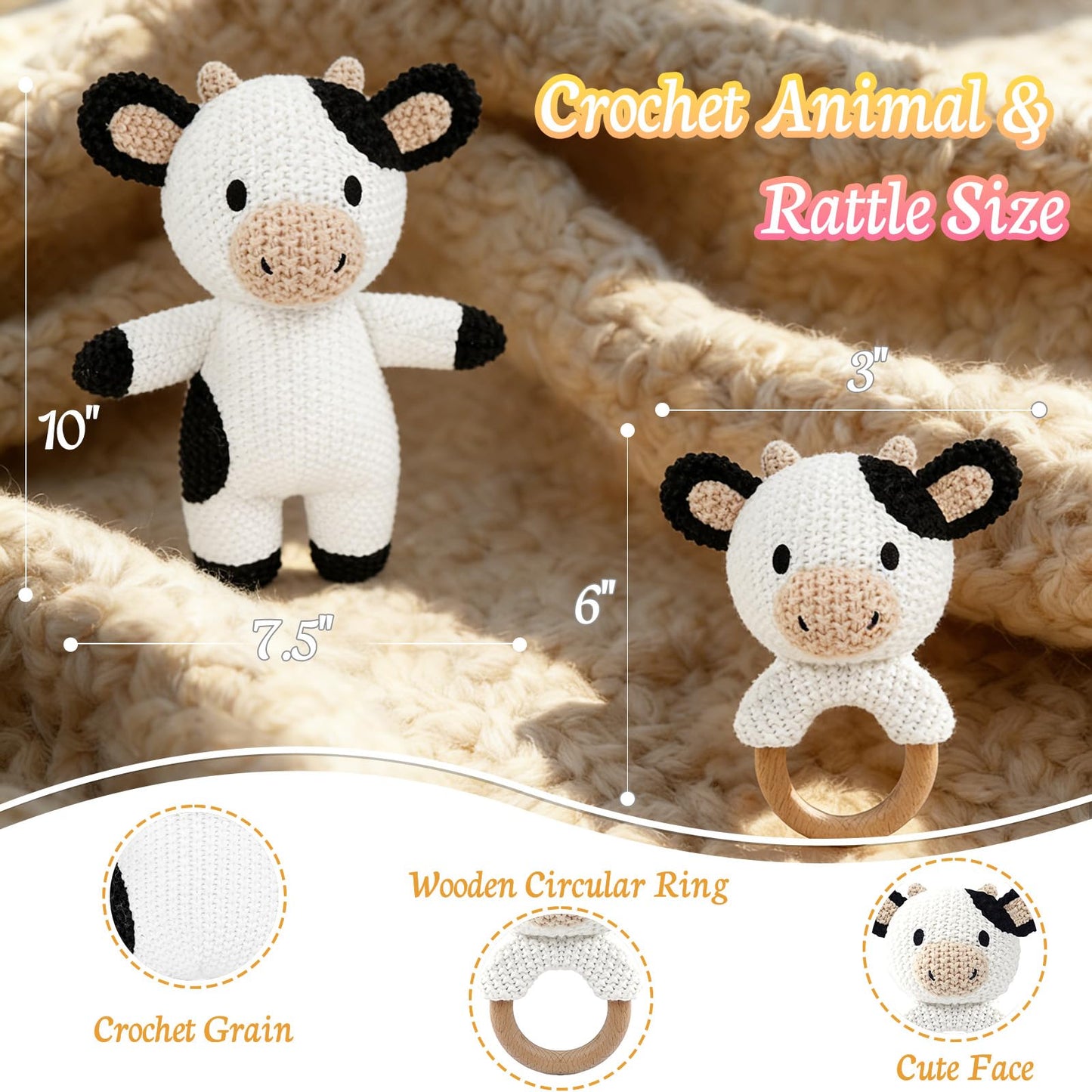 okegztoa 10" Handmade Crochet Cow Stuffed Animal, Baby-Safe Cotton Plush with Rattle, Hypoallergenic Toy for Newborns 0-12 Months, Ideal Baby Shower & 1st Birthday Gift