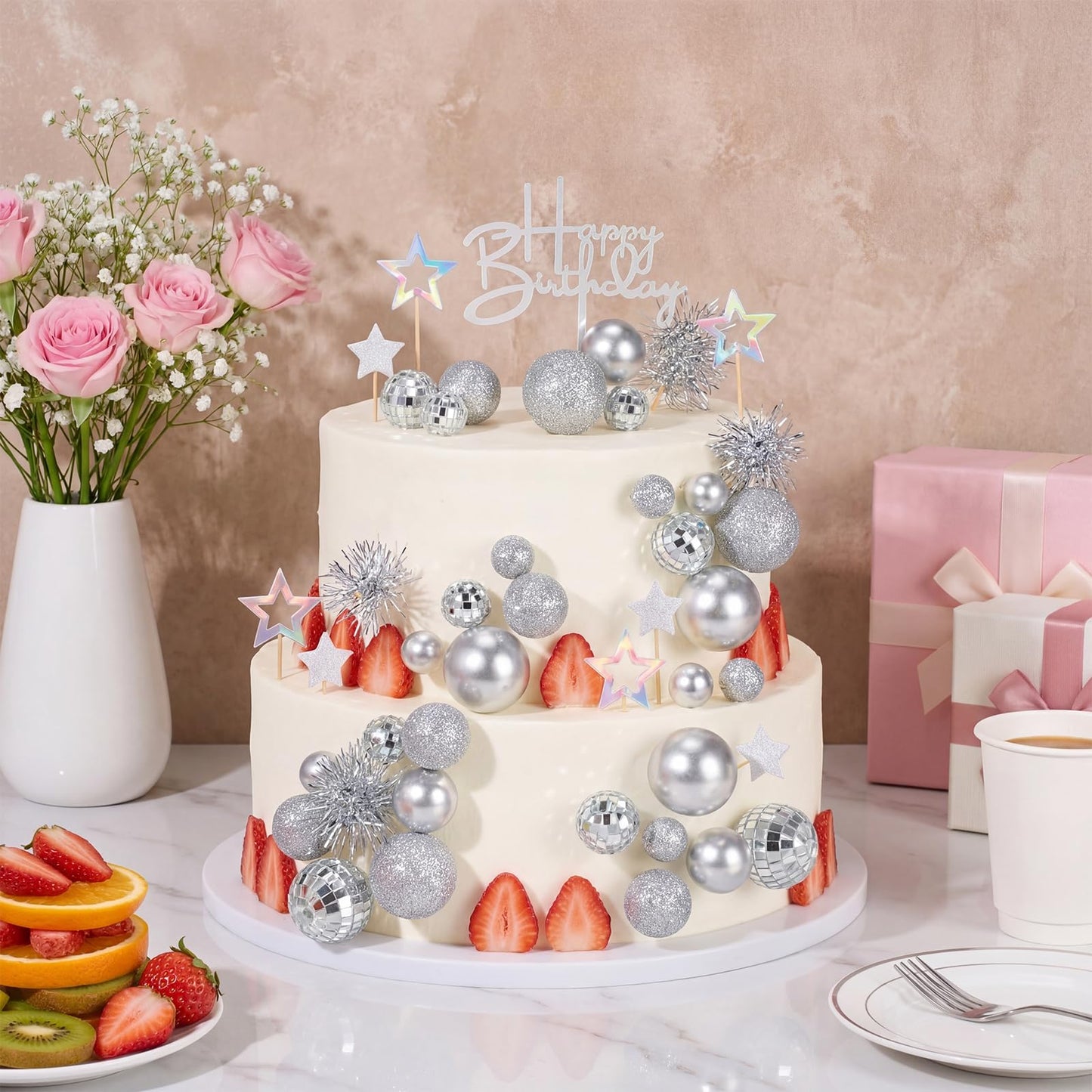 Teenyyou 57 Pcs Disco Cupcake Toppers Glitter Happy Birthday Cake Topper Cake Decorations Kits Disco Balls Star Tinsel Firework Cupcake Picks for Wedding Baby Shower Birthday Party Decor