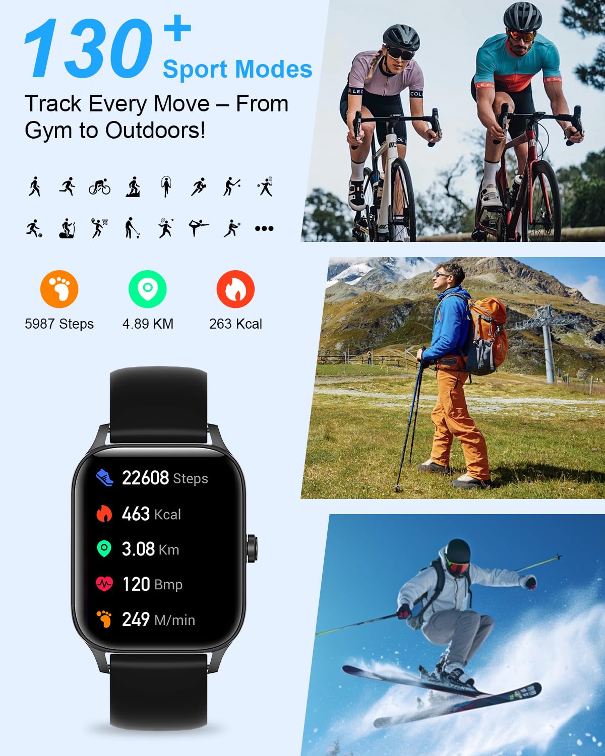 Smart Watch for Men Women, 1.85"HD Fitness Tracker (Answer/Make Call/Messages),130+ Sport Modes with 24/7 Heart Rate/Sleep Monitor/Pedometer, IP68 Waterproof, Smartwatche for Android&iOS (Black)