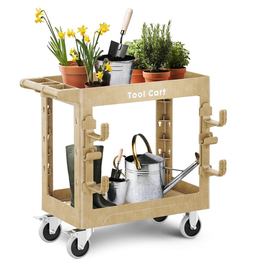 Heavy Duty Garden Tool Carts,600LBS Capacity 2 Tier Yard Tool Storage Rack with Side Hooks Garage Tool Cart with 360°Swivel Wheels Outdoor Garden Tool for Shed, Yard, Garage,Sand