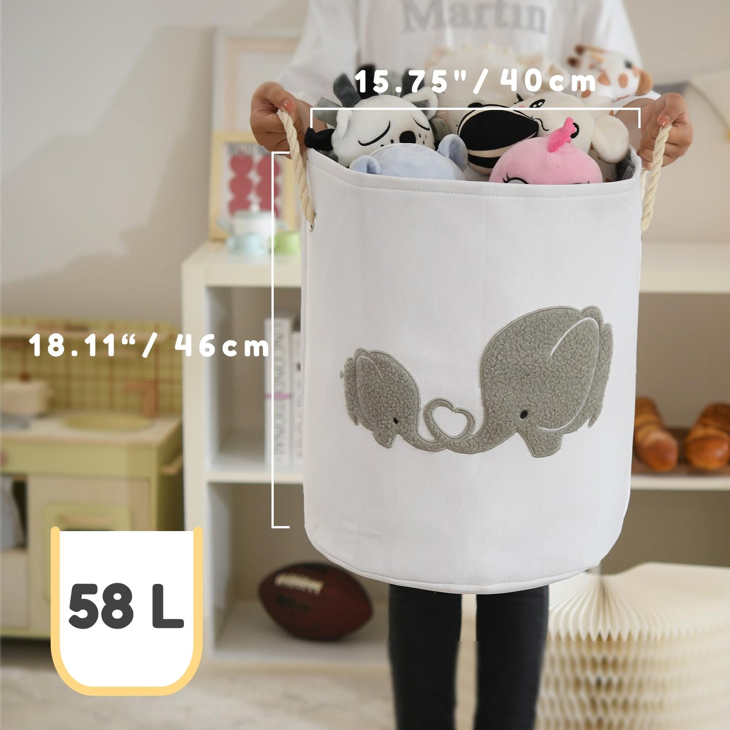 INough Baby Hamper Extra Large Nursery Hamper, 58L Kids Toys Basket Laundry Basket for Baby's Dirty Clothes Collapsible Storage Basket Canvas Clothes Hamper Toy Box Dorm Room Essentials for College