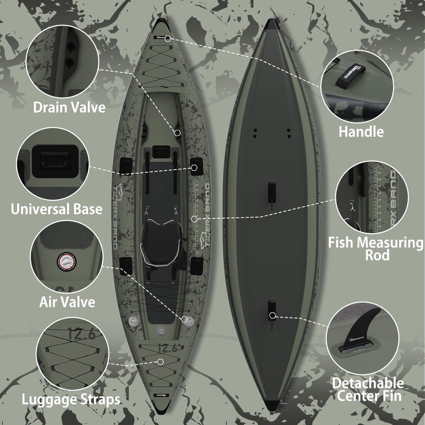 TIGERXBANG Inflatable Kayak with Detachable Seat,12.6'x40''x10.6''SUP-Kayak Set (Hand Pump/Aluminium Paddle/Backpack/and Multi-Functional Base),Adult/Kid Kayak Boat for Fishing ，Touring