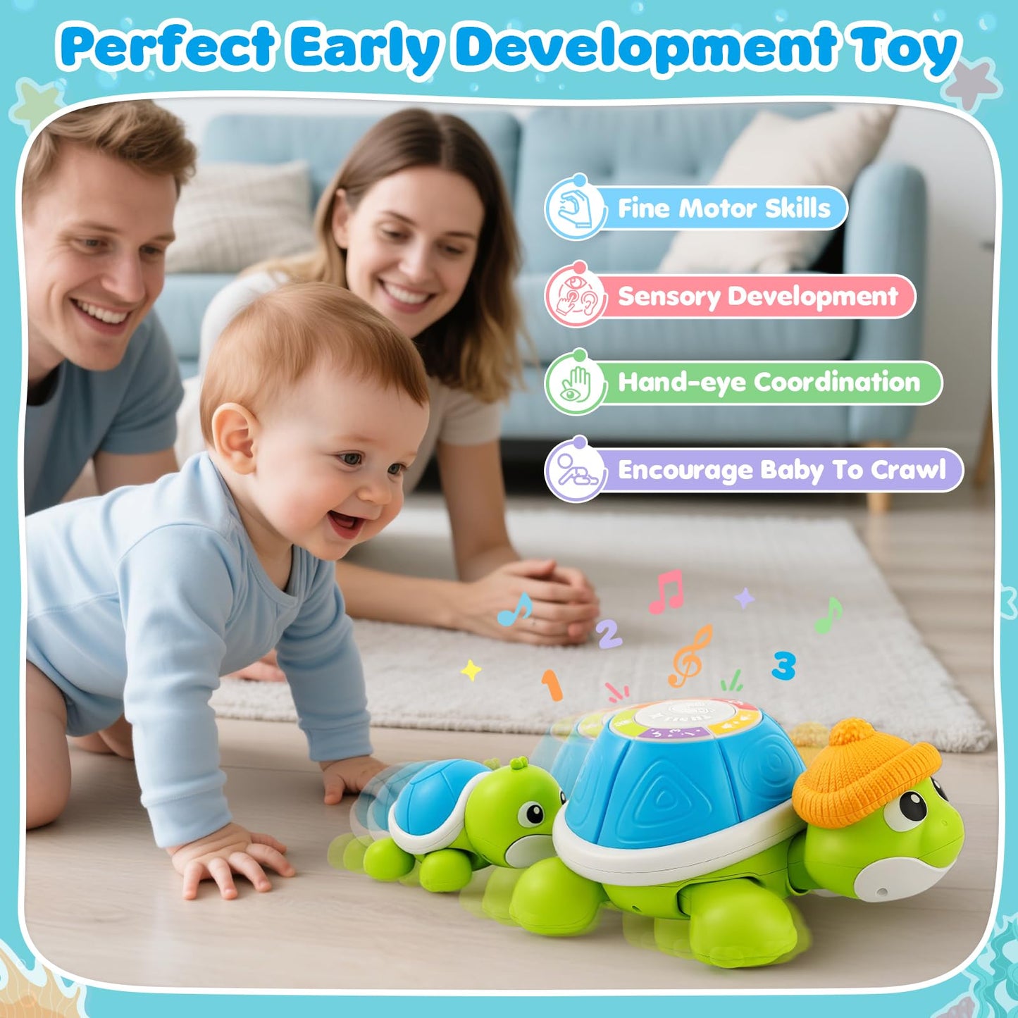 Baby Toys 6-12 Months, Musical Turtle Crawling Infant Toy Set for Tummy Time, Early Educational Learning Toys, Baby Essentials Toy, Christmas Birthday Gifts for Boy Girl 7 8 9 10 11 Month 0-1 Year Old