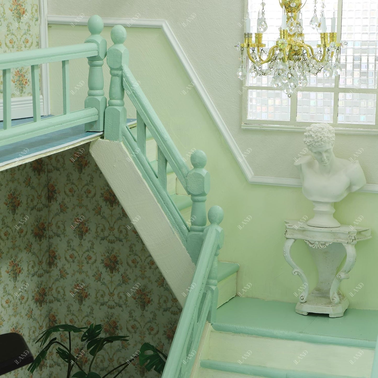 iLAND 1/12 Scale Accessories of Miniature Wooden Dollhouse Staircase with Adjustable Handrails and DIY Railing Complete 2 Stairs Sets for Modern or Victorian Dollhouse Building