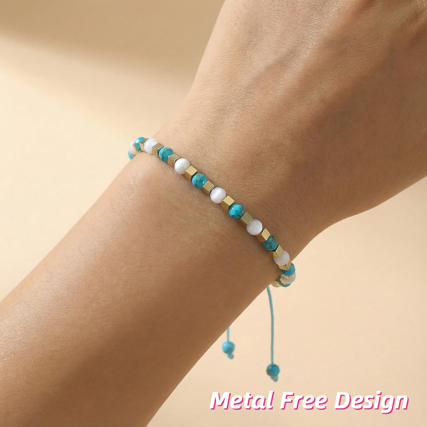 BEADSENER Stabilized Turquoise Adjustable Charming Bracelet for Women, 3mm Natural Shell Gemstone Hematite Stone Beads, Pull String Slider Metal Free Design Waterproof, Gift for Her Daily Wear