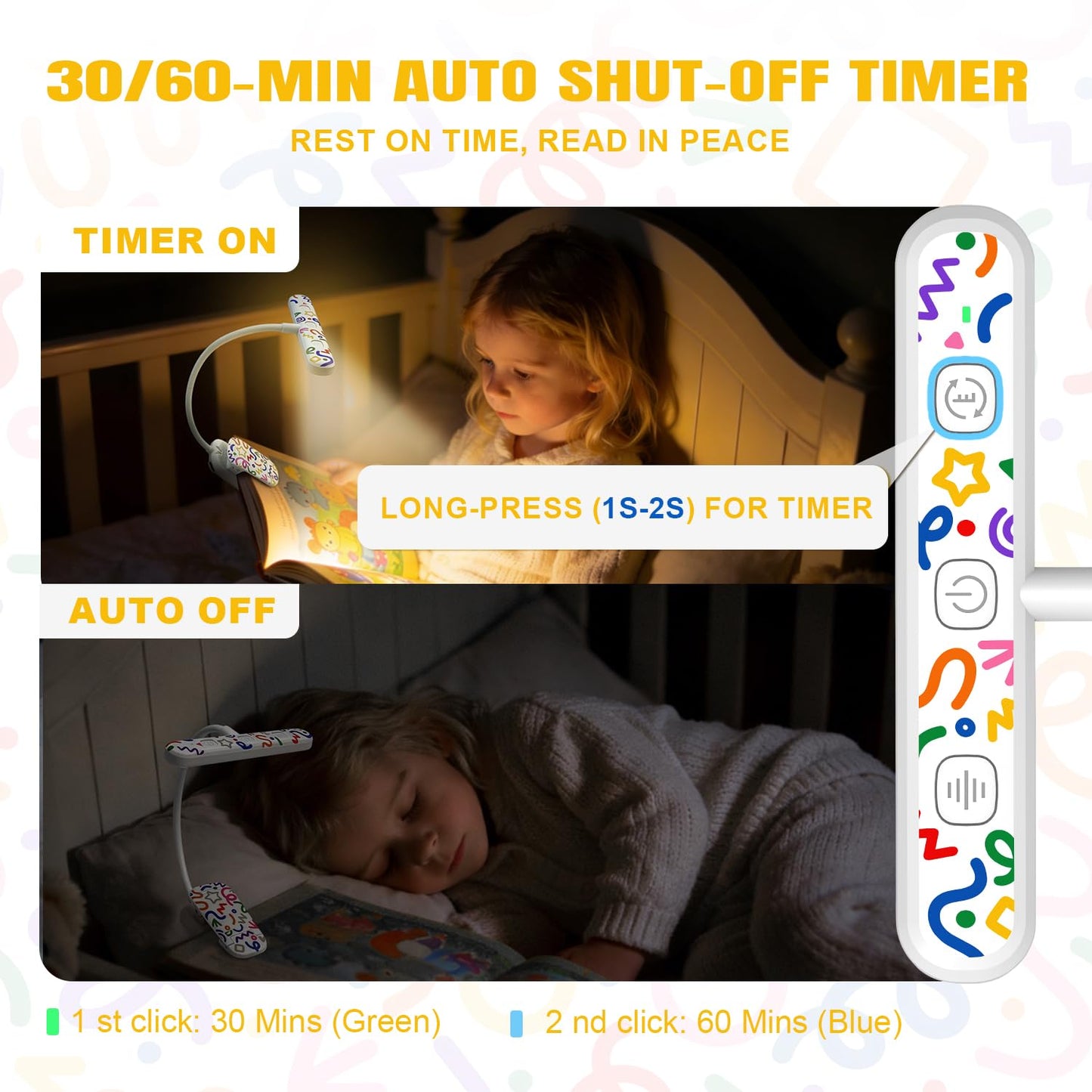 Hoxutym Rechargeable Kids Book Light 25 LEDs - Reading Light for Kids, Eye Caring 3 Colors & 5 Brightness Levels, Extended 1200mAh Battery, Gifts for Kids & Book Lovers (White Doodle)