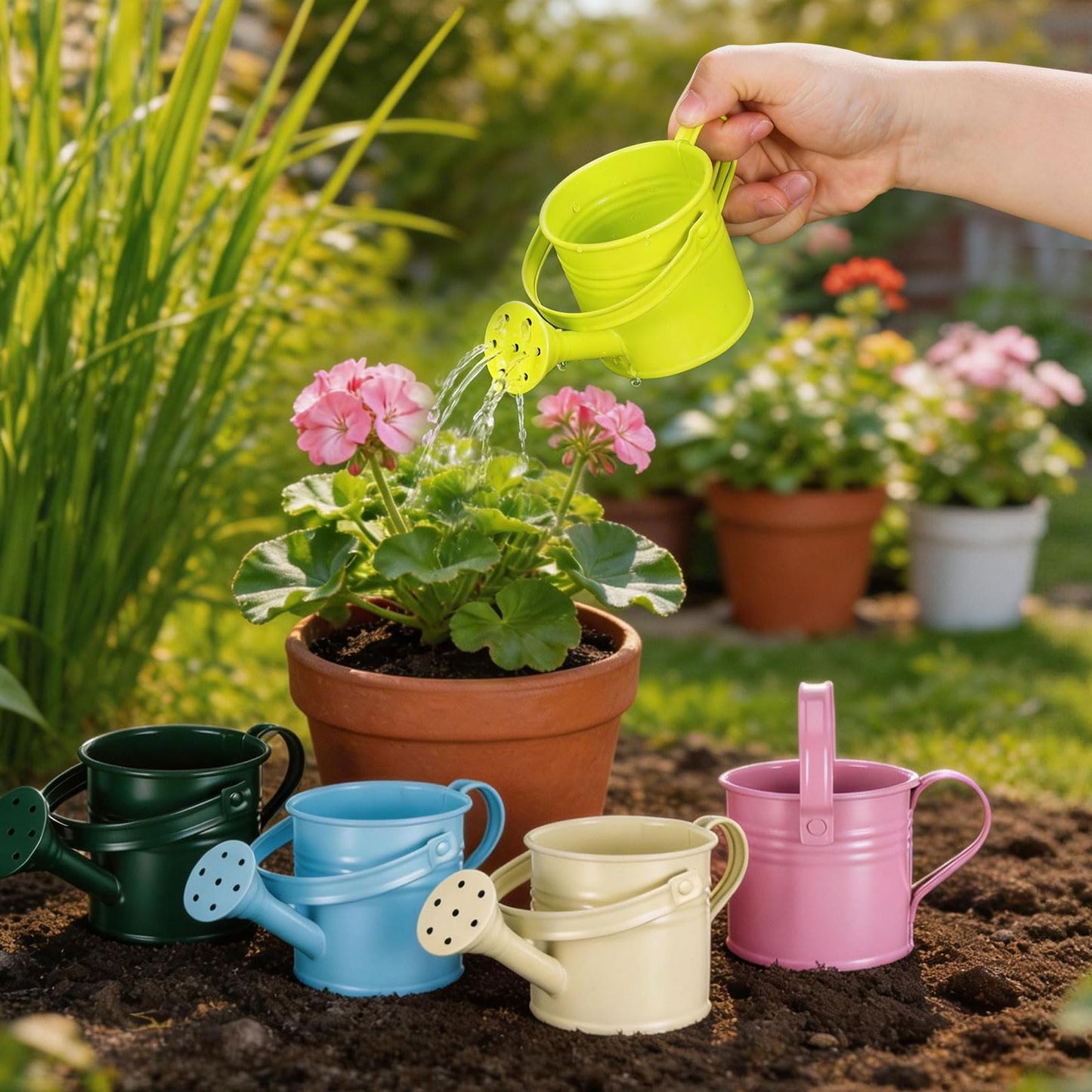 DOITOOL Kids Metal Watering Can for Gardening, 5Pcs Small Iron Watering Can Garden Watering Bucket for Gardening Plants Flowers (Mixed Color)