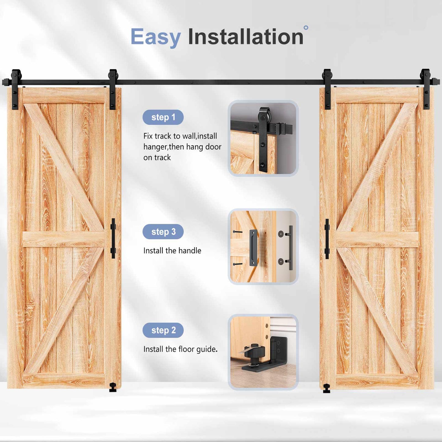 EaseLife 10 FT Double Sliding Barn Door Track and Handle Hardware Kit,Basic J Pulley,Slide Smoothly Quietly,Easy Install (10FT Track Kit for 27"~30" Wide Double Door)