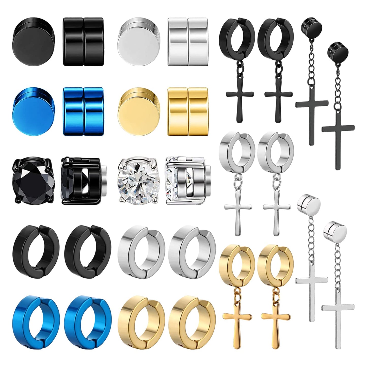 NEWITIN 15 Pairs Magnetic Stud Earrings for Men Clip on Earrings Stainless Steel Magnet Earring Unisex Dangle Cross CZ Hoop Magnetic Stud Earring Set for Men Women