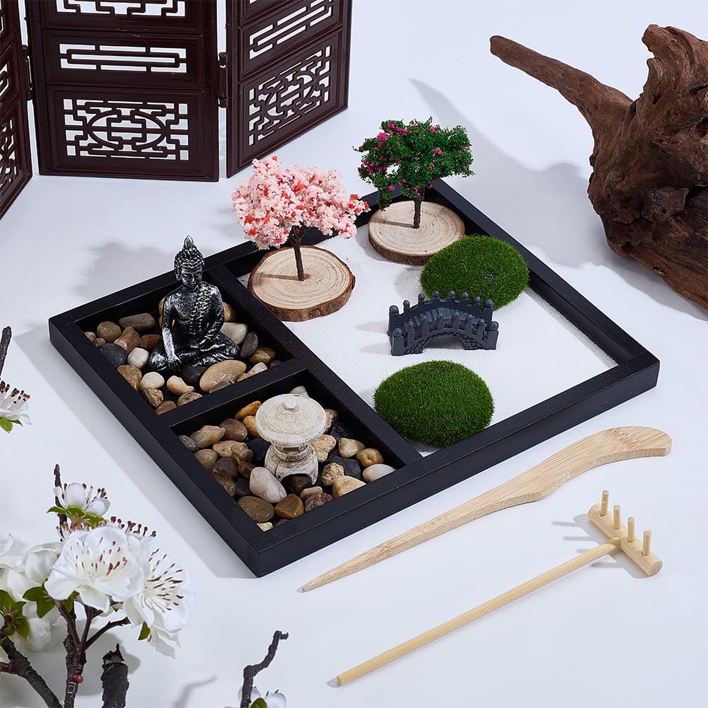 WEBEEDY Mini Zen Garden Kit for Desk, Japanese Mini Sand Box Set DIY Desktop Meditation Set Includes Sand, Buddha Statue & Rake for Home Office Desk Yoga Zen Decor Spiritual Gift, 8.5x6.8 Inch