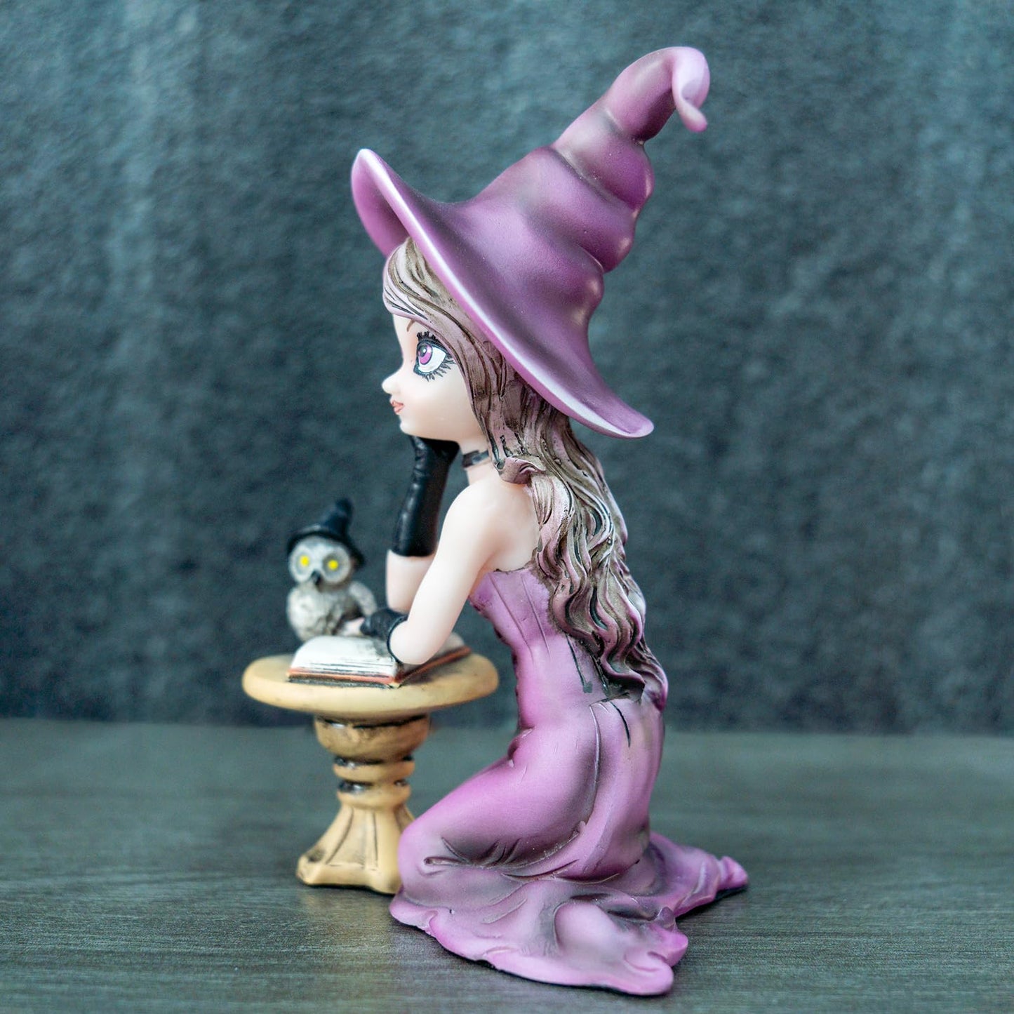Mystical Purple Witch Resin Statue with Owl & Spell Book - Halloween Witchcraft Decor, Whimsical Gothic Home Accent, Fantasy Collectible Figurine for Desk, Shelf & Office, Unique Wiccan Altar Decor