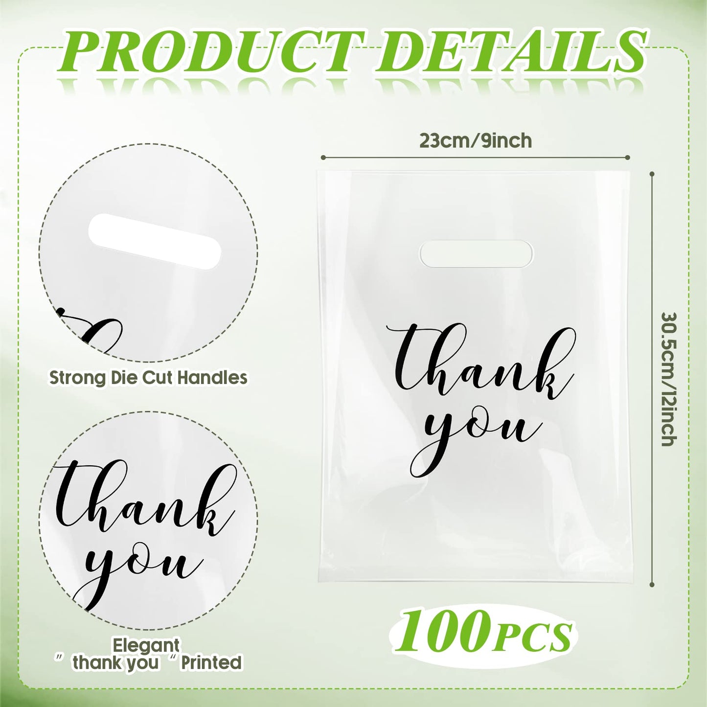 Crtiin 100 Pcs Clear Merchandise Bags Thank You Shopping Bags with Die Cut Handles T Shirt Plastic Packaging for Small Business Retail Boutique Stores Gifts (9 x 12 Inch)