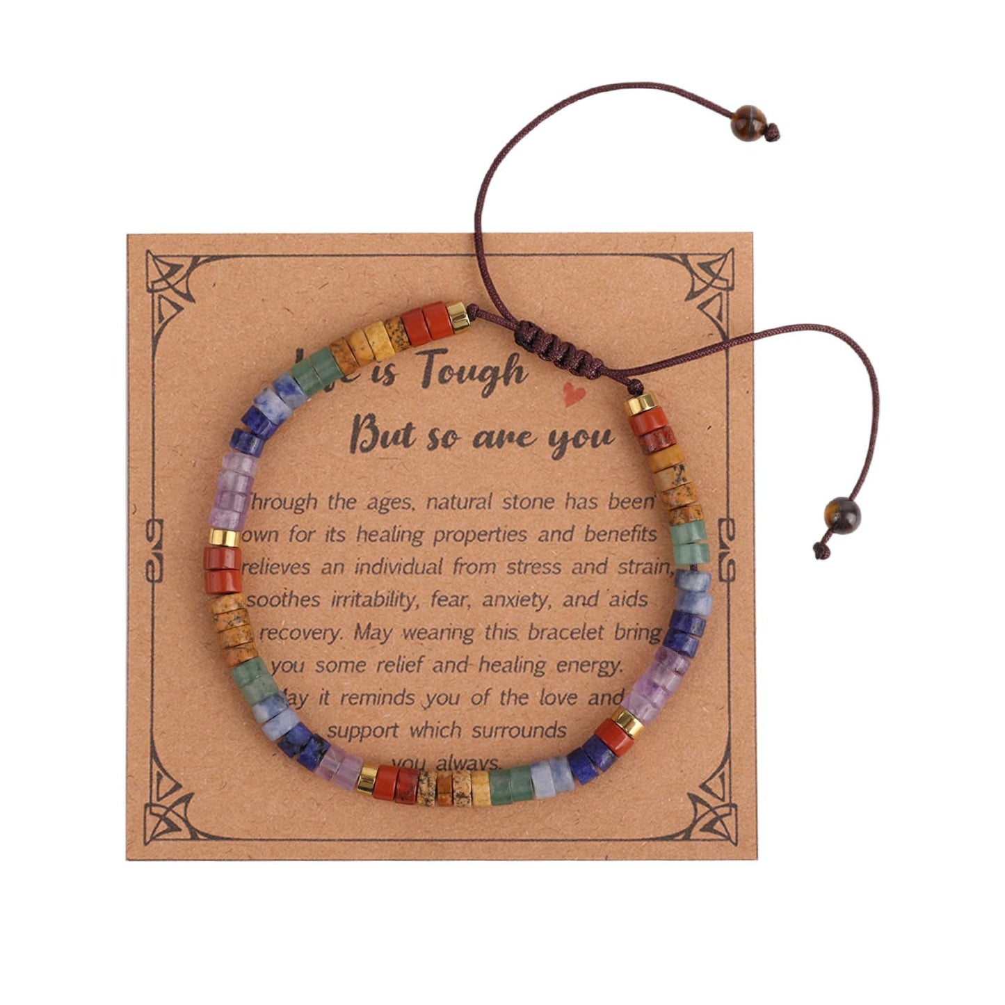Natural Stone Bracelet, Colorful 7 Chakra Bracelet Encouragement Beaded Crystal Charm with Card for Women Meditation Calm & Comfort Gift