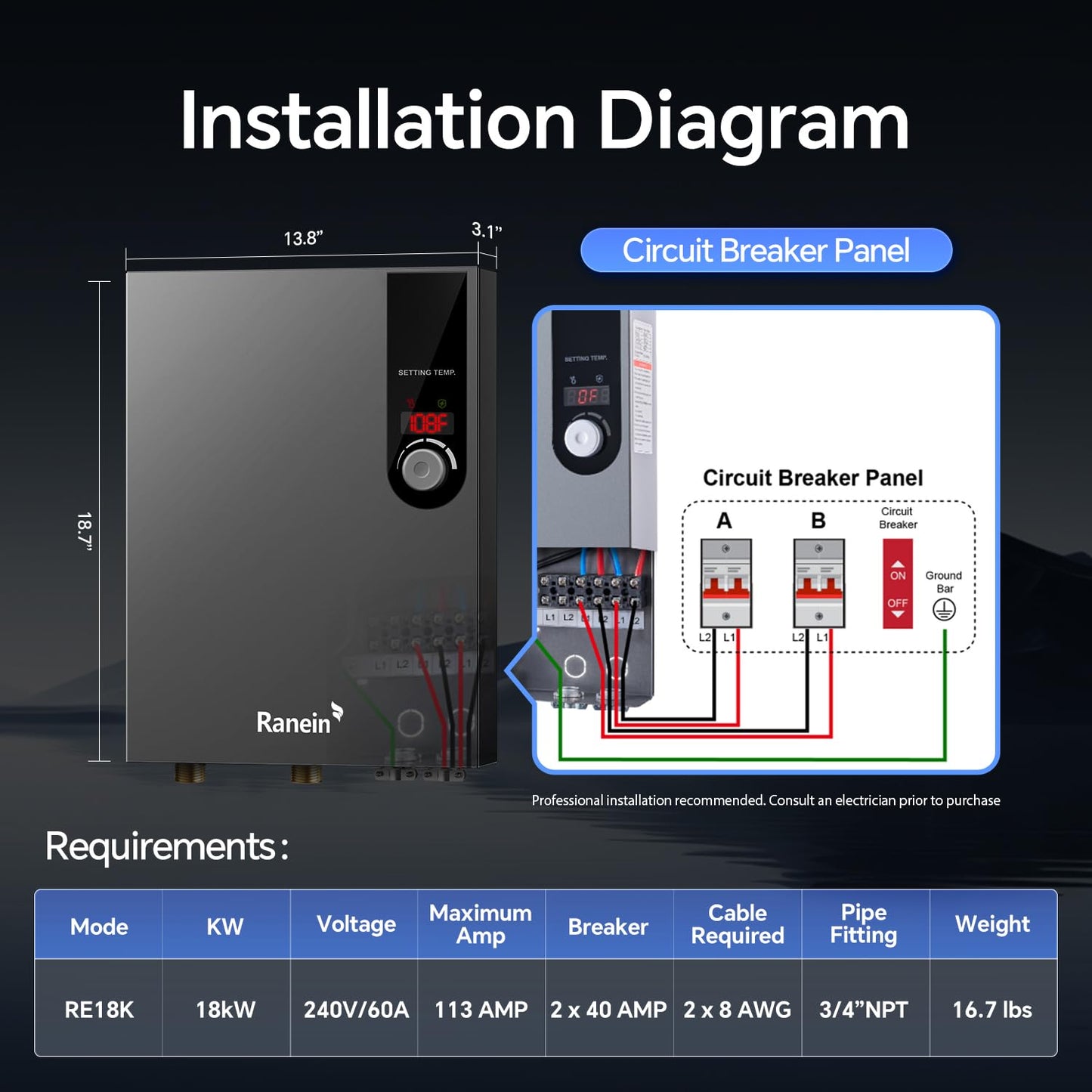 Ranein Electric Tankless Water Heater, 18kW 240V on Demand Instant Endless Water Heater with LED Temperature Display for Residential Whole House Shower, Space Saving