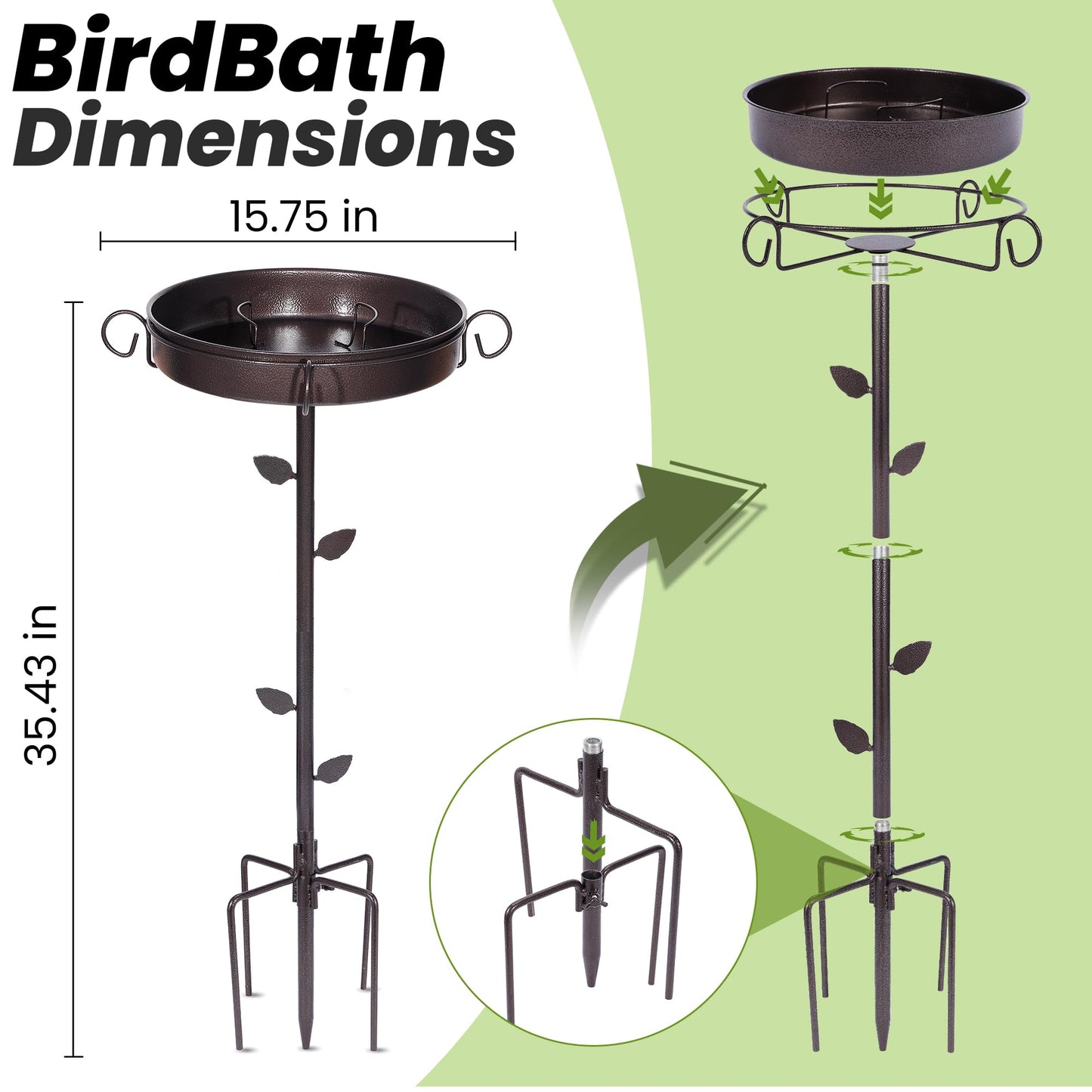 NestShld 35 in Metal Bird Bath for Outside,12 in Dia Bowl with Upgraded 5-Pronged Base,Freestanding Bird Feeder Stand for Patio,Lawn,Garden