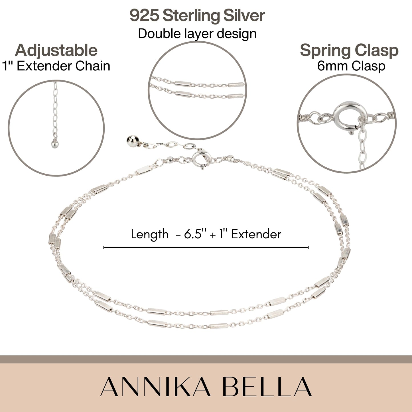 Annika Bella 925 Sterling Silver Double Layered Bracelet, Length 6.5-7.5 Inches, Chain Bracelets for Women, Waterproof Minimalist Women's Jewelry (Satellite Bar Chains)