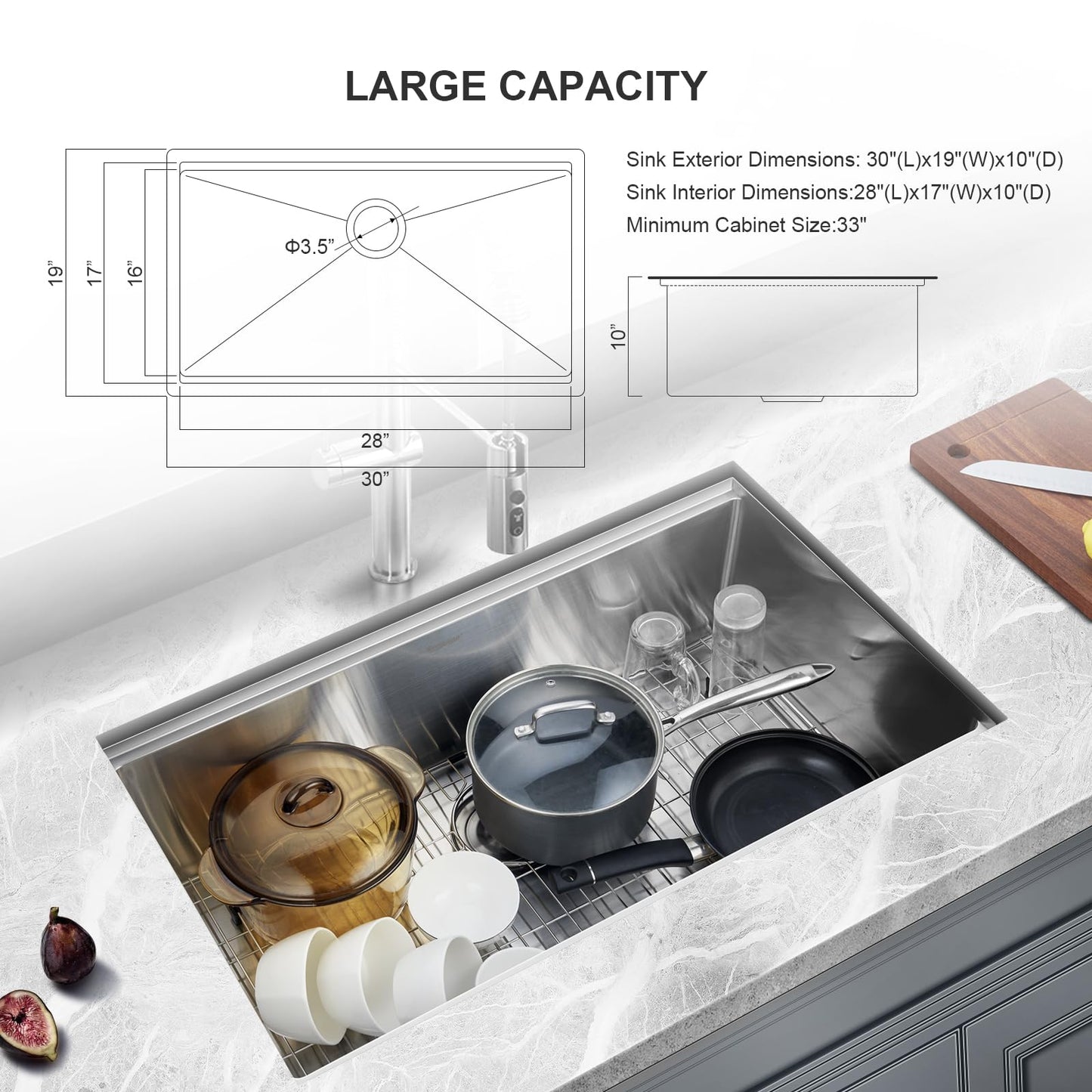Suncano 30 Inch Undermount Kitchen Sink Workstation, Stainless Steel Handmade 10”Deep Large Single Bowl Undermount Sink 30x19 with Accessories (Brushed)