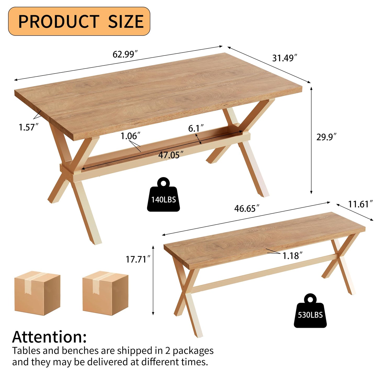 HIPIHOM 63" Dining Table Set with 2 Dining Benches for 4, Scratch Resistance MDF Kitchen Table with Sturdy Metal Legs, Small Dining Table Sets for 4 for Family Gatherings
