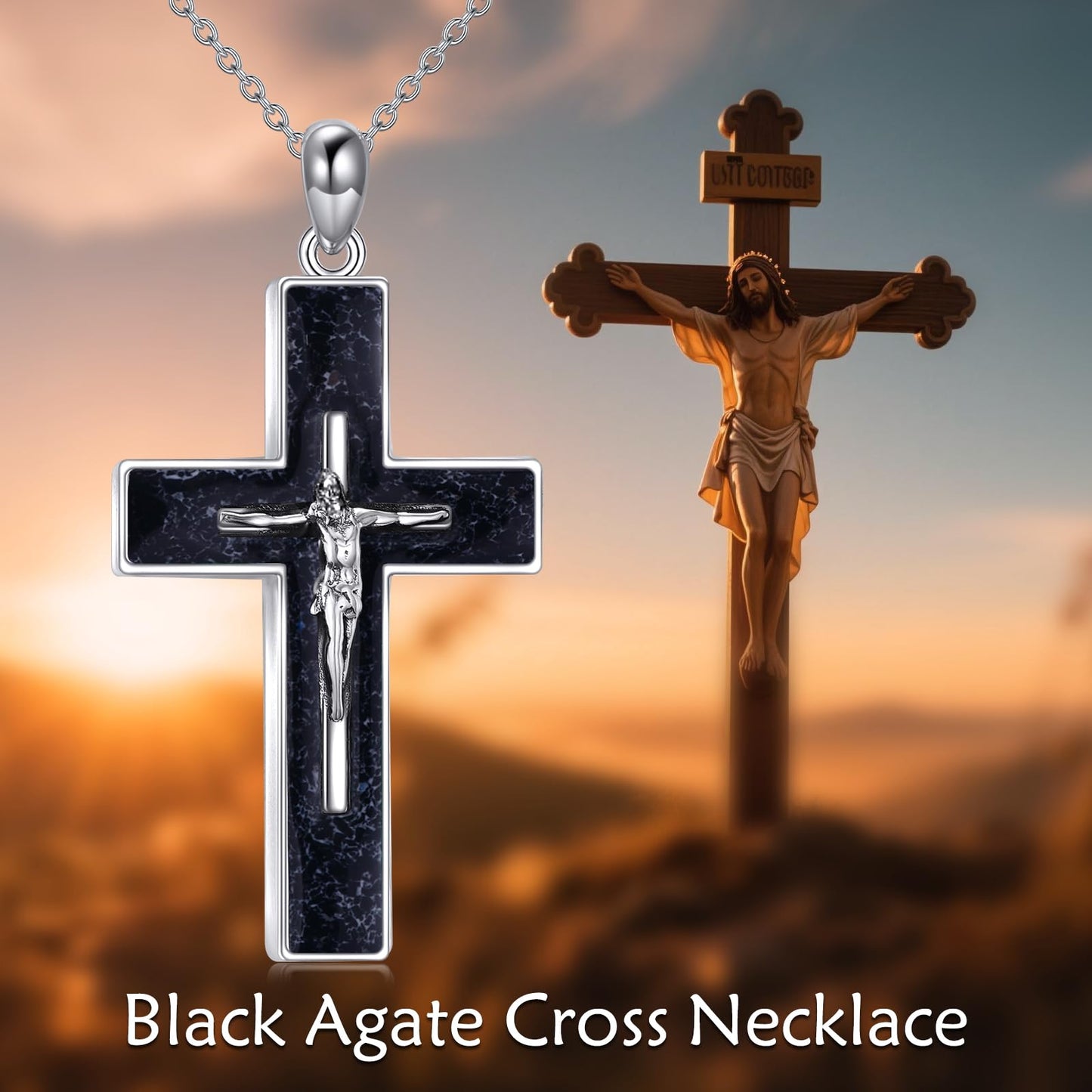 YFN Crucifix Cross Necklace Sterling Silver Jesus Cross Pendant Black Onyx Jewelry Christian Gifts for Women Men