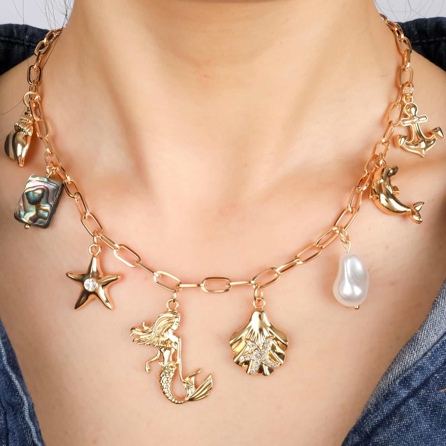 Gold Ocean Charm Necklace for Women Hawaii Chain Necklace with Cute Dangle Mermaid Shell Pearl Starfish Conch Dolphin Ship Anchor Sea Pendant Adjustable Trendy Y2K Summer Beach Jewelry Gift for Women