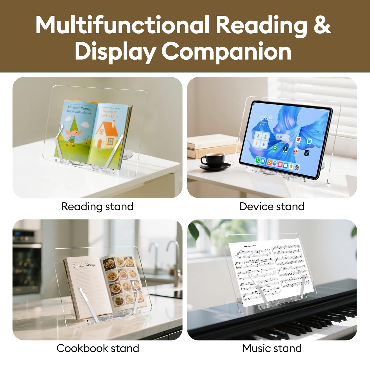 Beswishy Cookbook Stand,Folding Music Stand, Book Display Stand,Acrylic Book Stand,Paper Holder Stand for Desk,Book Opener Holder,Clear Desktop Easel,Clipboard Stand