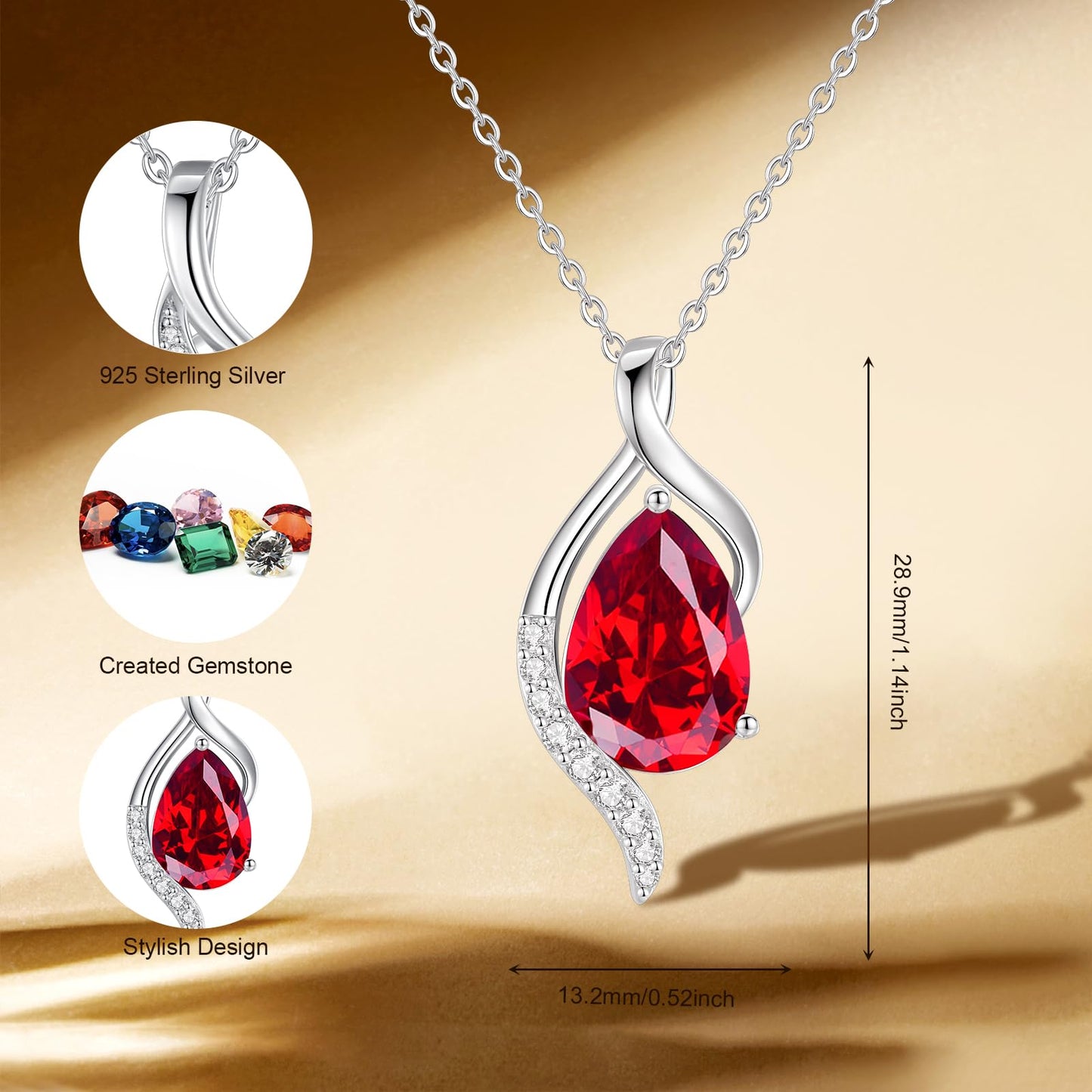 FANCIME July Birthstone Necklace for Women Teardrop Ruby Necklace S925 Sterling Silver Gentle Love Birthday Gifts for Mom Women, 16"+2" Inches