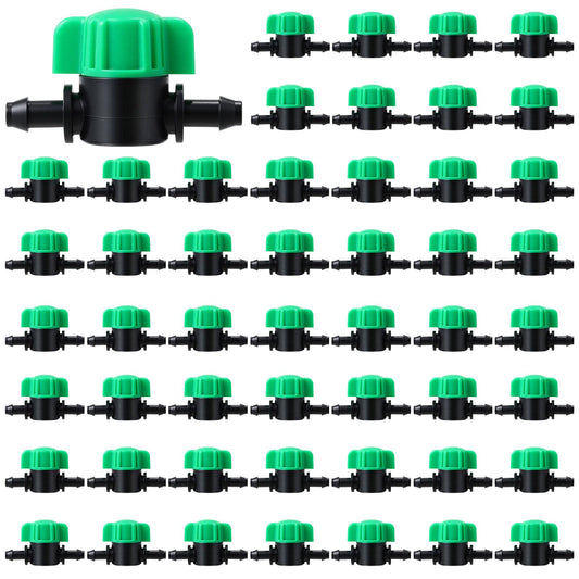 Innconee 50 Pcs 1/4 Inch Barbed Shut off Valve Drip Irrigation Tubing Coupling Valve Universal Drip Irrigation for 1/4" Tubing Greenhouses Flowers Beds Lawns Farmland(Green,Barbed Shut off Valve)