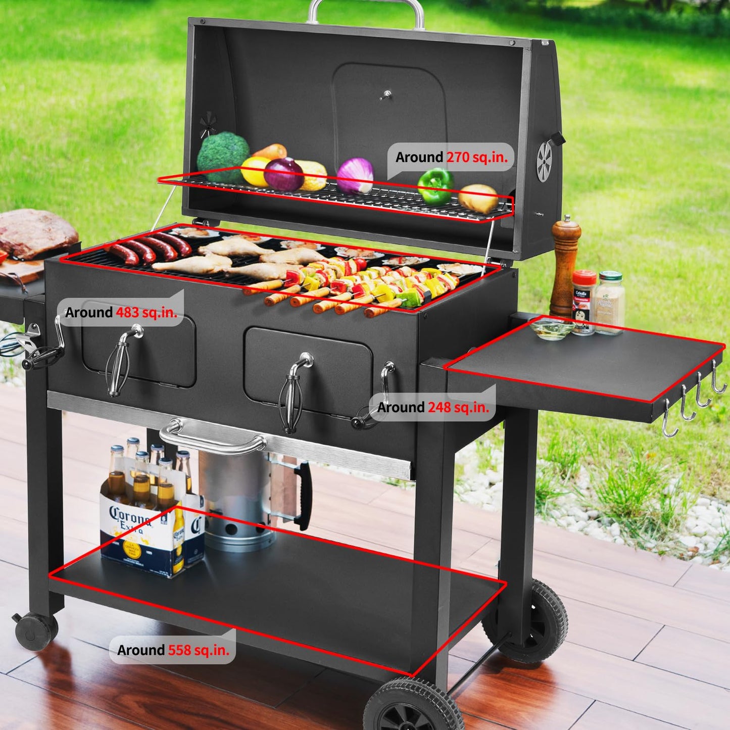 Charcoal Grill Outdoor BBQ Grill, Extra Large Cooking Area 794 Square Inches with Two Individual & Adjustable Charcoal Tray, Foldable Side Tables for Outdoor Cooking Backyard Camping Picnics By DNKMOR