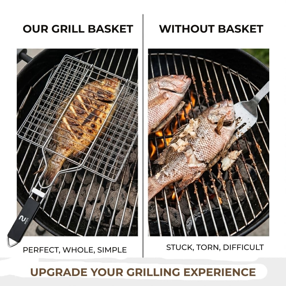 BBQ Grill Basket for Outdoor Cooking, Stainless Steel Fish Basket with Detachable Heat Resistant Handle, Lockable Design for Vegetables Shrimp Meat, Camping Cooking Rack, Grilling Accessories