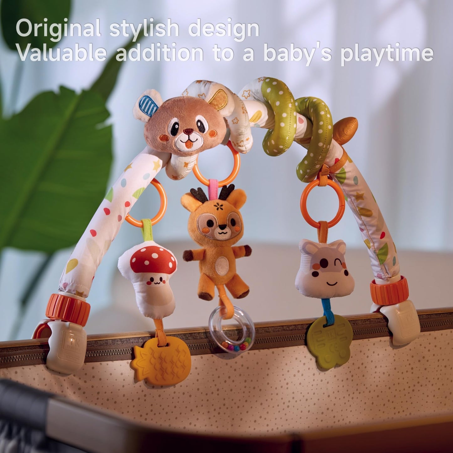 TUMAMA Baby Activity Arch with Bear Spiral Toy, Clips Adjustable and Detachable Sensory Stimulating Hanging Toys Baby Toys 0-3 3-6 Months, Newborn Strollers Bassinets Crib Carseat Toy