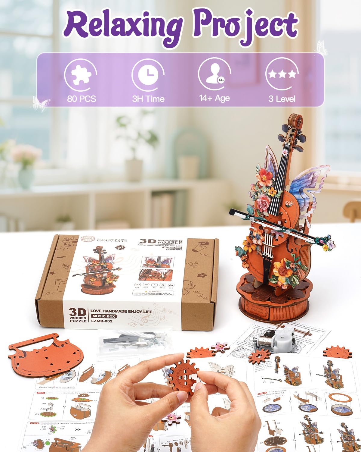 Rnfinewow 3D Puzzles for Adults, Mechanical Wooden Cello Music Box Puzzles, DIY Flower Music Box Cello Crafts Model Kits Home Decor for Holiday Birthday Gifts Hobbies