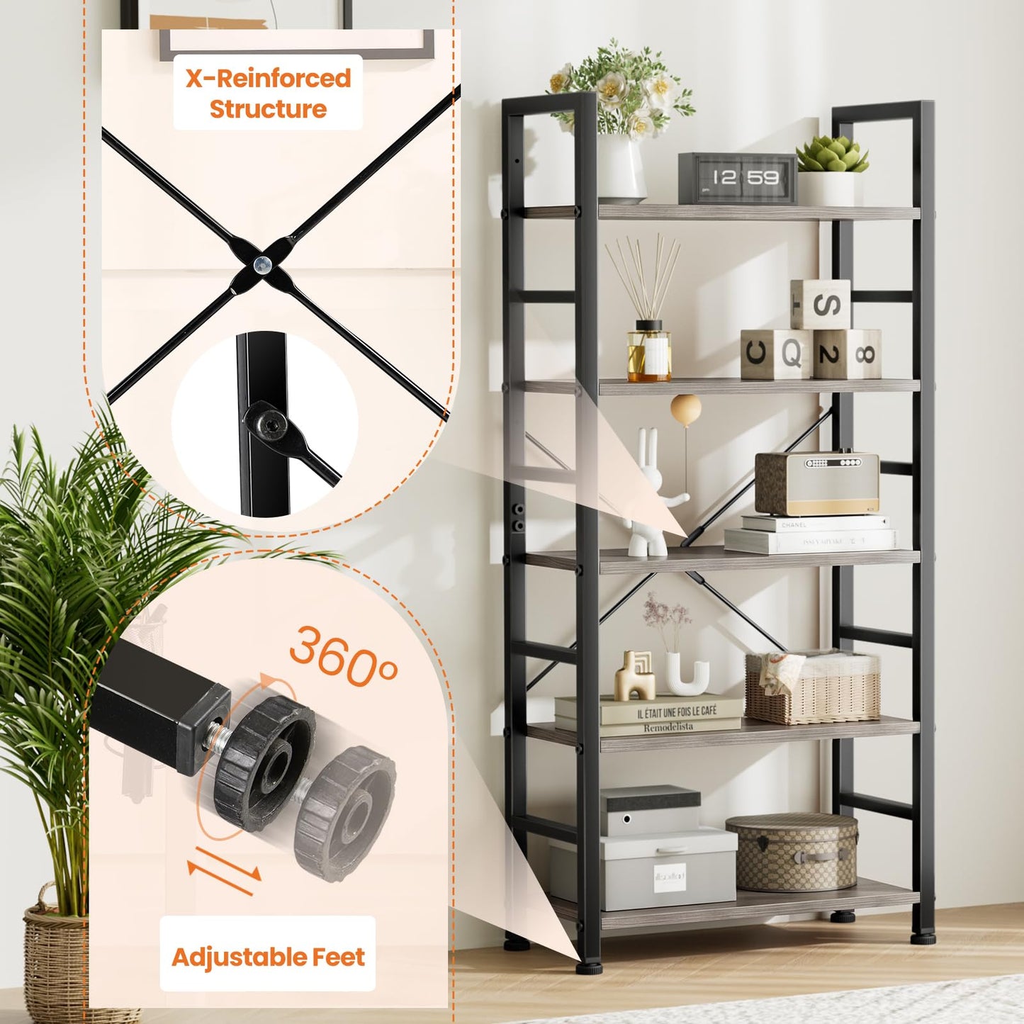 Sweetcrispy Book Shelf, 5 Tier Bookcase, Modern Tall Bookshelf for Garage Kit, CDs, Movies, Industrial Corner Storage Organizer for Bedroom Home Office Kitchen Living Room, Wood Grey