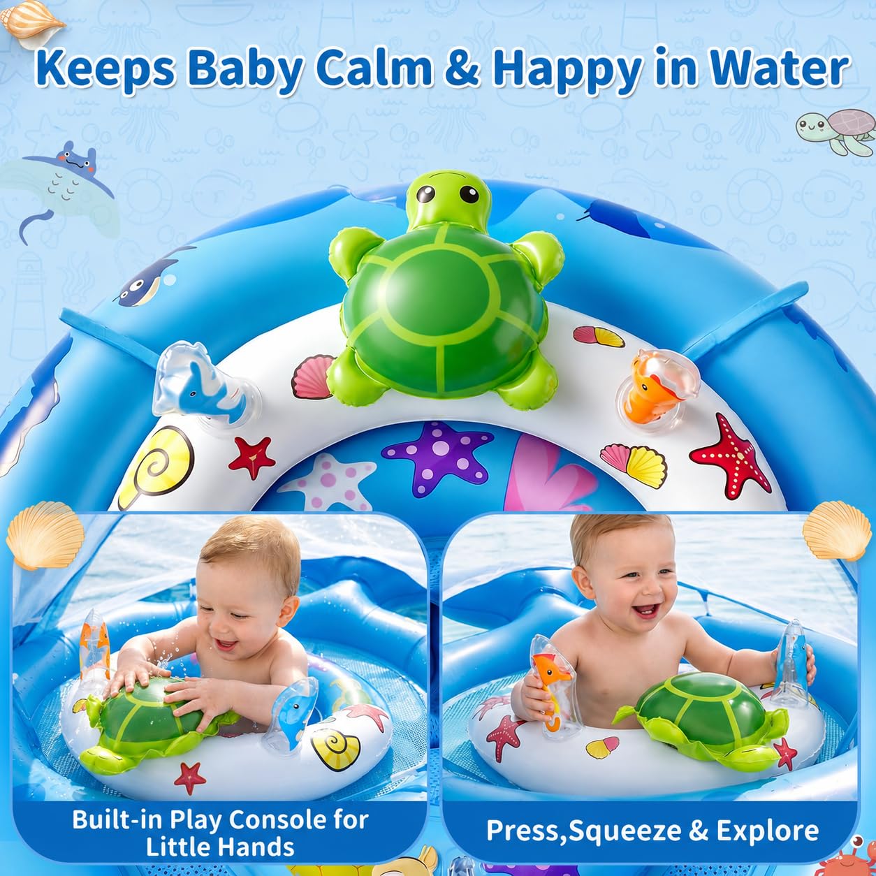 Inflatable Baby Pool Float with Sun Canopy, UPF50+Sun Protection, Portable & Easy to Store, Padded Safety Seat with, Includes Air Pump, with Toys Baby Swim Float for 6-36 Months Boys & Girls(Blue)