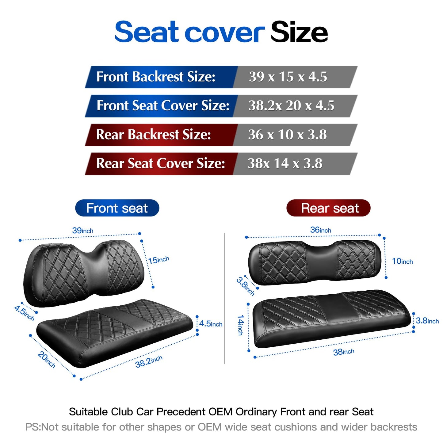 NOKINS 4PCS Golf Cart P Front and Rear Diamond Seat Covers and Golf Cart Rear Armrest with Cup Holder Kit (Fits 1-inch Square Tube) for Club Car Precedent Original Regular Seat Cushion(Black)