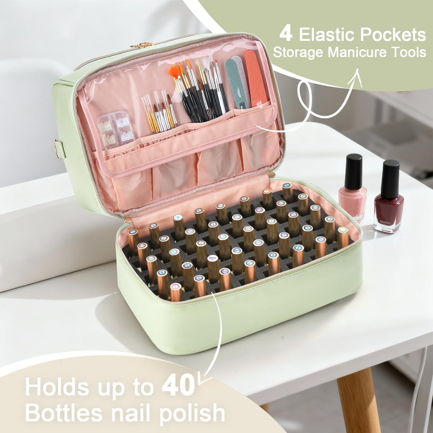 Uross Nail Polish Organizer Bag Holds 50 Bottles Nail Polish, Nail Lamp, Nail Supplies- PU Leather Nail Organizers and Storage Case for Nail Tech, Nail Stuff Gel Kit Box Gift for Manicurist- Green