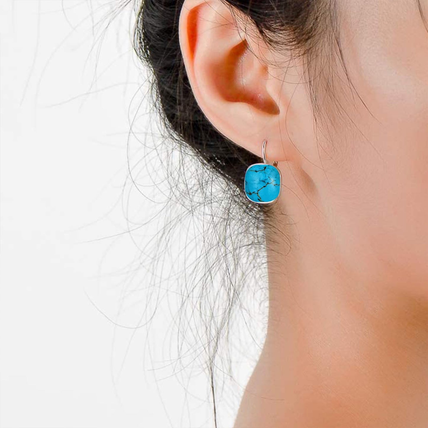 AOBOCO Sterling Silver Leverback Earrings Embellished with Crystals from Austria, Hypoallergenic Cushion Cut Square Crystal Earrings, Fine Anniversary Birthday Jewelry Gifts for Women (Blue turquoise)